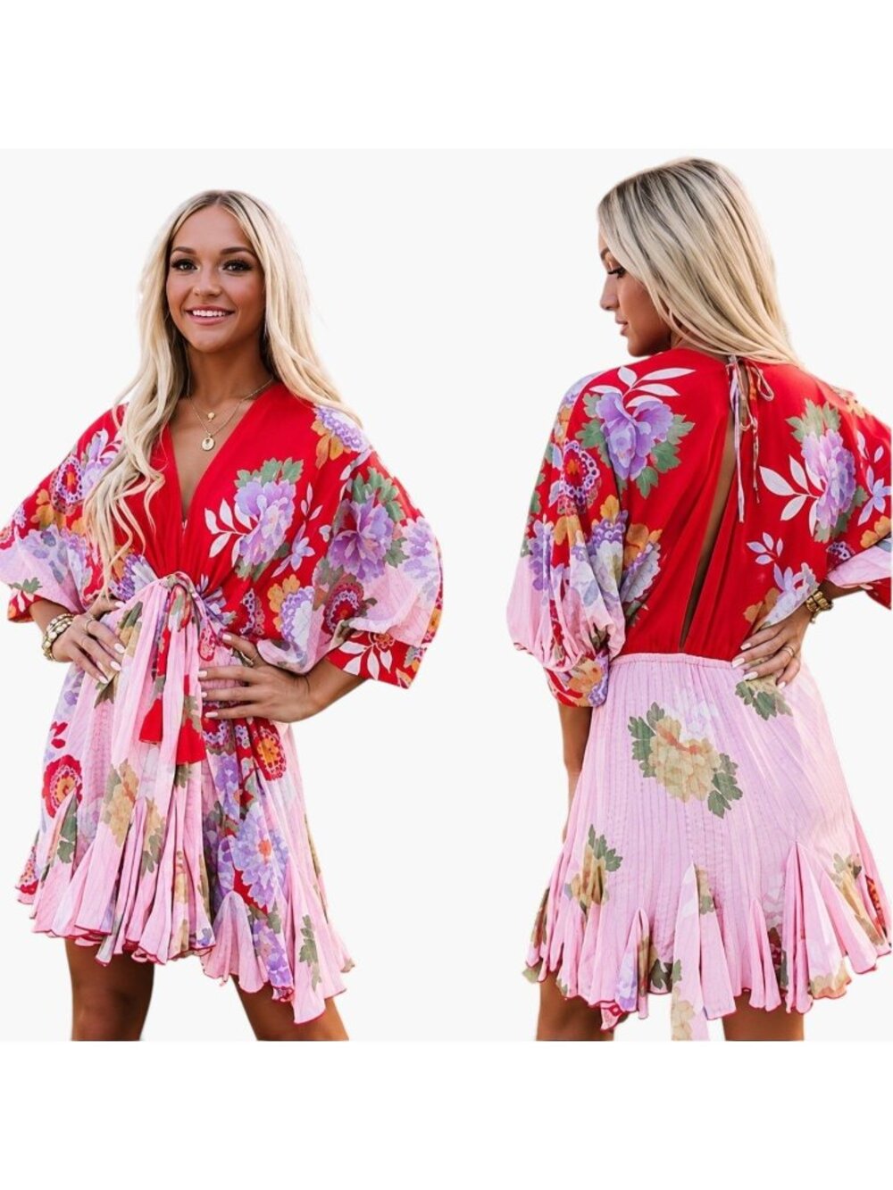 Aakaa Passion Tea Floral Boho Mini Dress Ruffle Hem Balloon Sleeves Size S